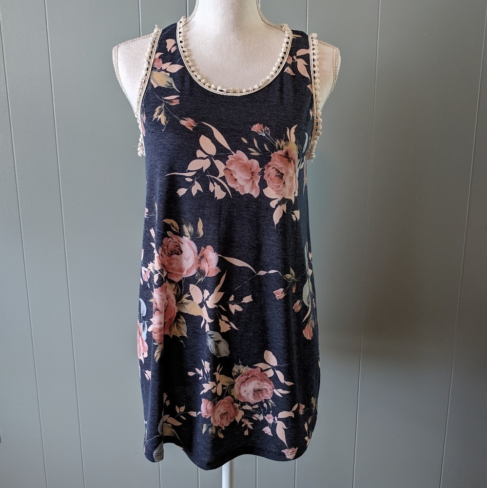 Floral Tank With Crochet Trim
